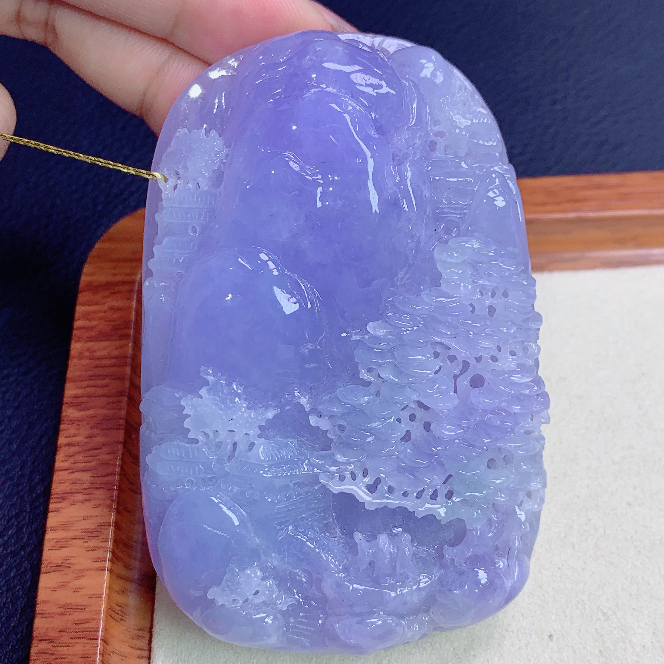 天然缅甸A货翡翠玉石珠宝浓紫罗兰大件山水牌j卡80.8/53.2/17.2mm