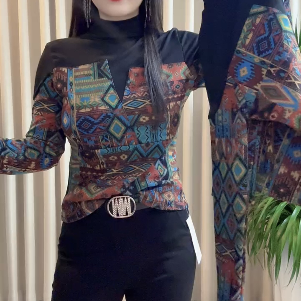 秋冬新款网衫女重工印花洋气显瘦弹力内搭气质修身百搭长袖上衣