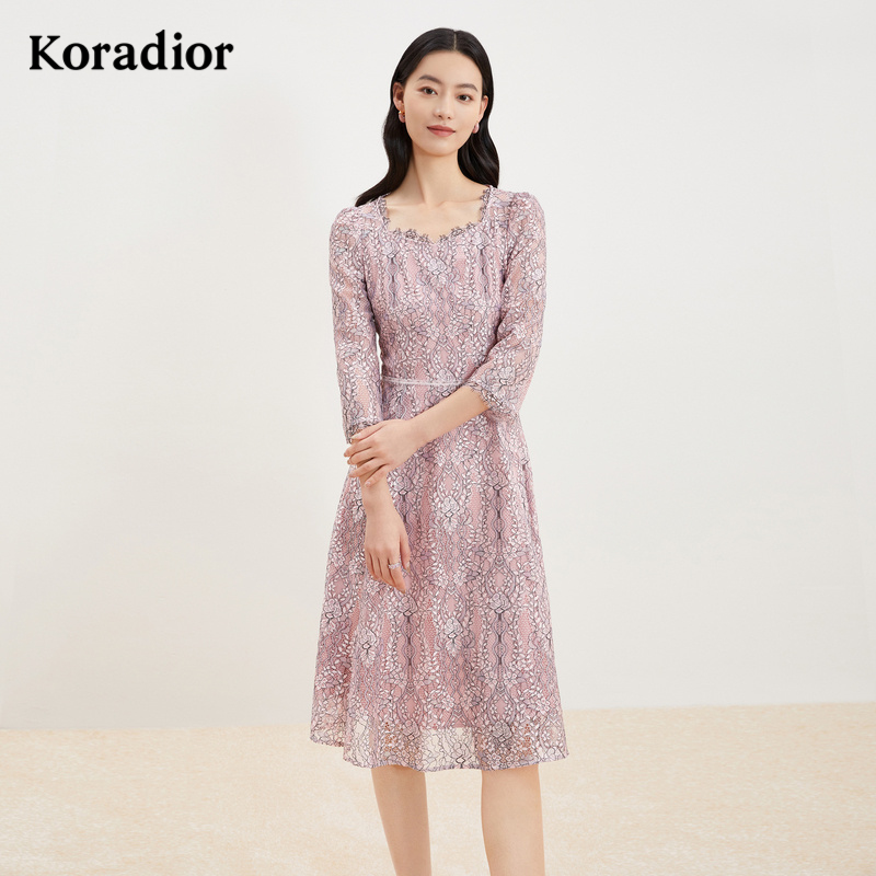 【koradior】珂莱蒂尔2023年新款七分袖粉色蕾丝连衣裙KF07419T1