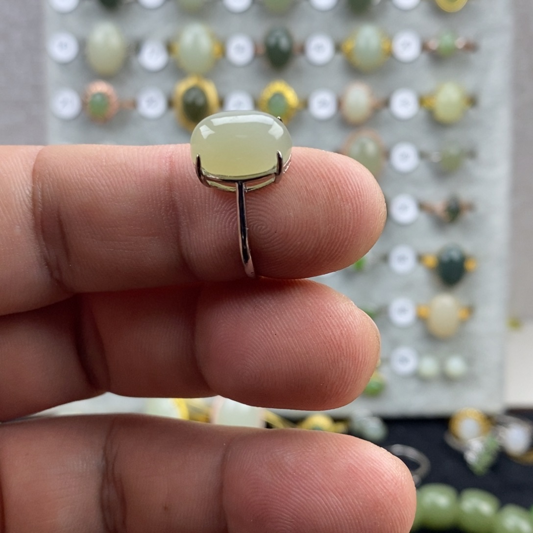 和田玉（青白玉）银S925镀金镶嵌戒指