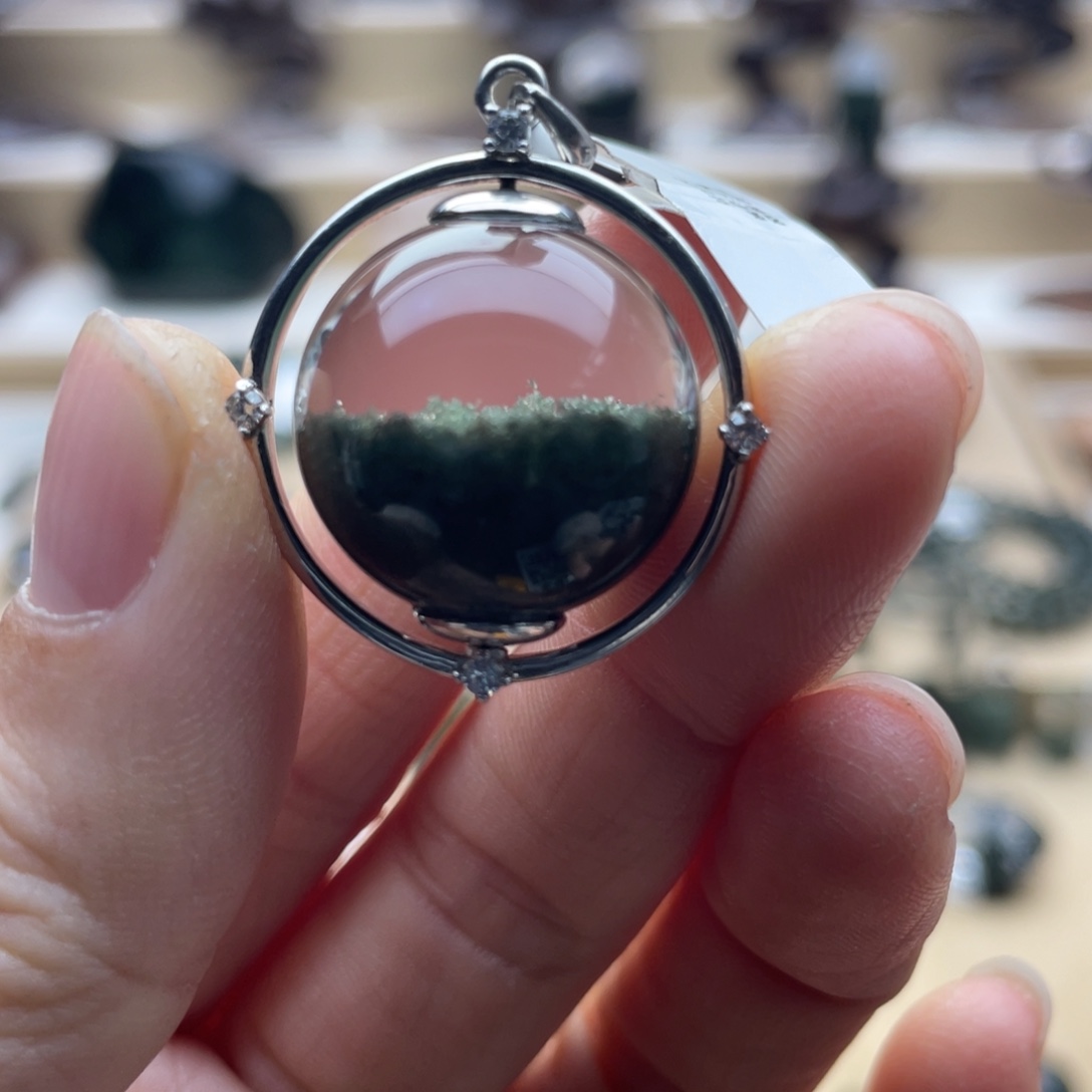 颈饰银S925镶嵌水晶绿幽灵聚宝盆单珠吊坠