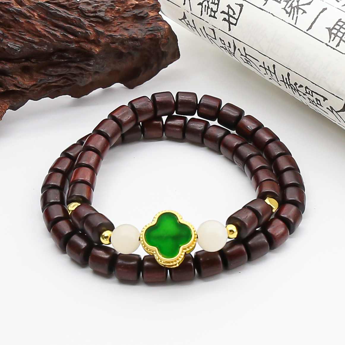 AD357 紫檀桶珠四叶草精品手串