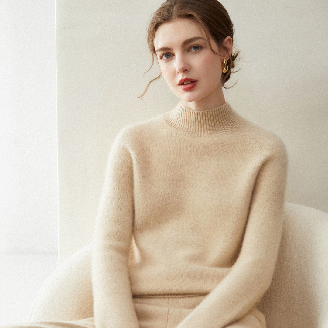 100%山羊绒女士半高插肩袖设计山羊绒衫