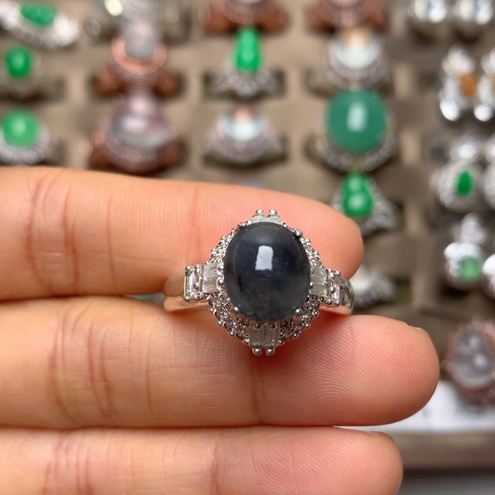 翡翠合金戒指翡翠糯冰黑乌鸡戒面