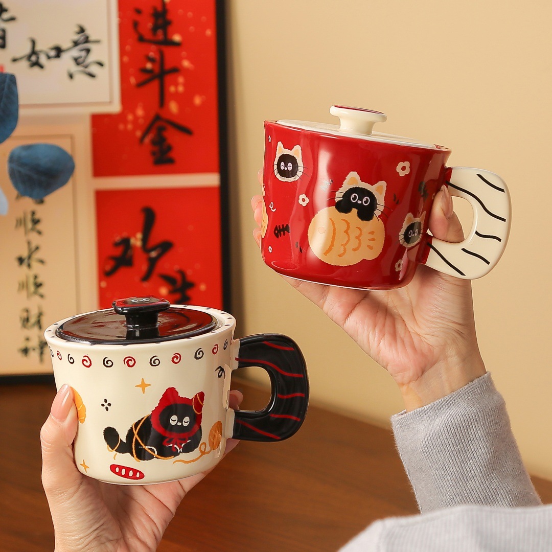 幸福猫系列陶瓷带盖马克杯卡通可爱情侣水杯生日礼物杯子女高颜值