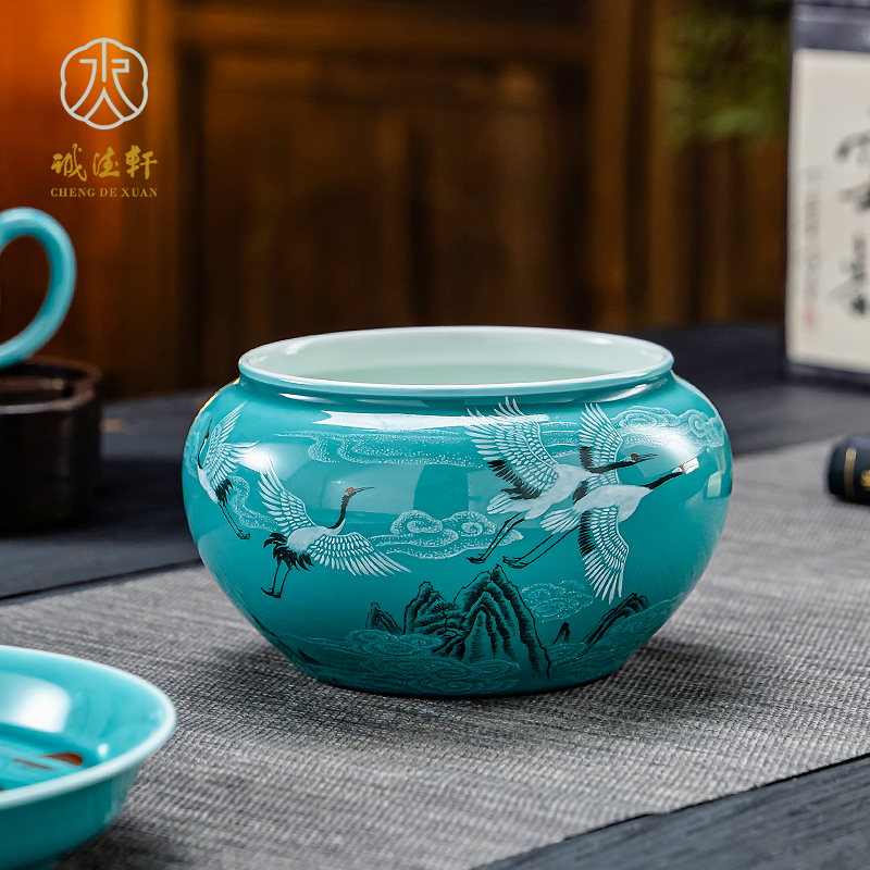 诚德轩茶洗大号家用陶瓷水盂建水中式清澜旭日翔鹤茶道配件茶渣缸