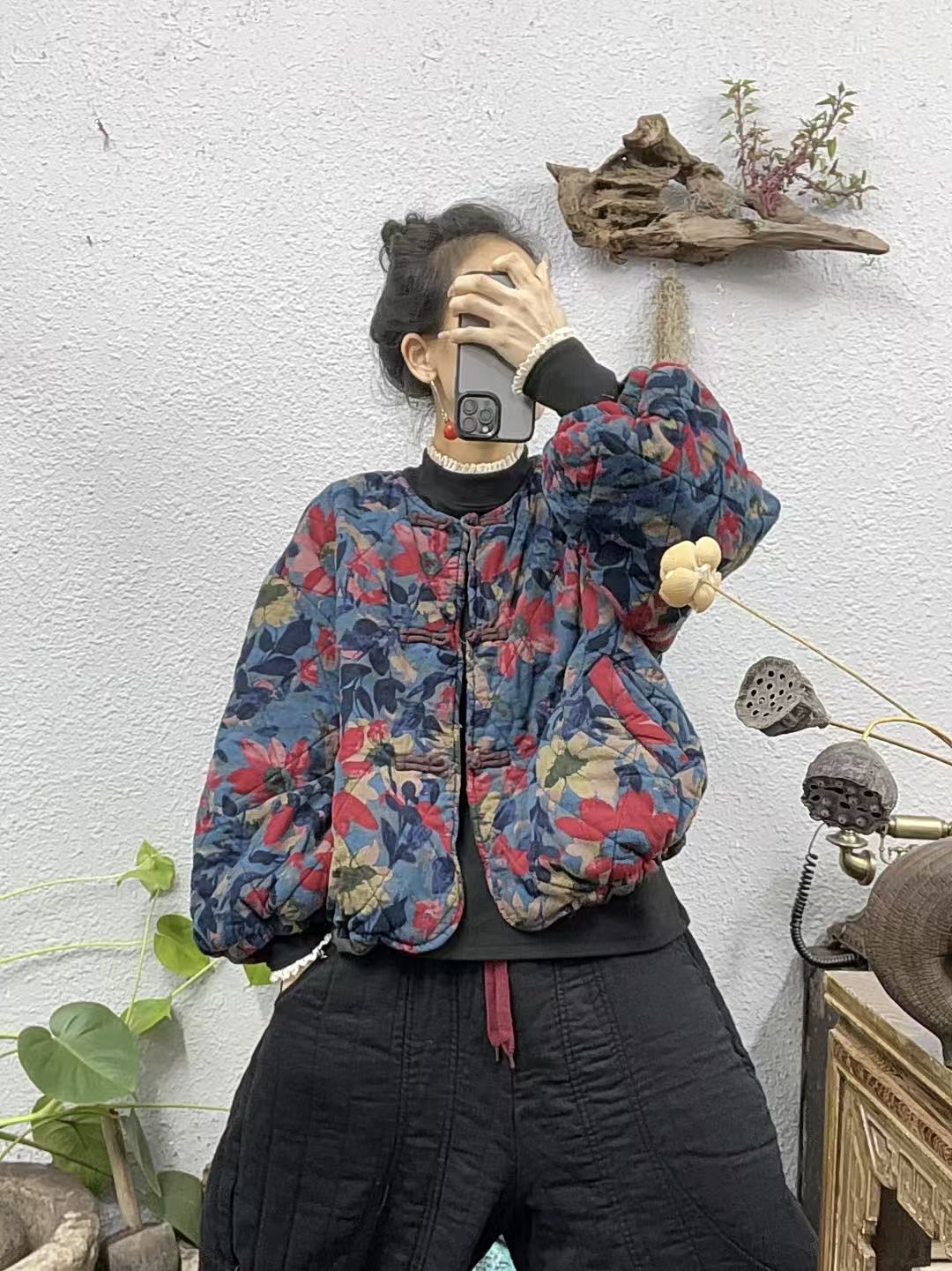 25573夹棉圆领盘扣菱形压棉袖口下摆松紧棉袄上衣（长60胸围138