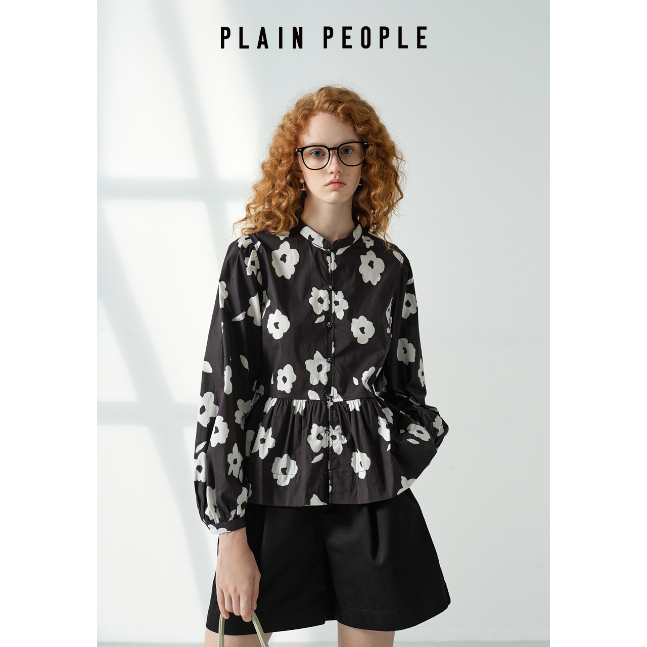 PLAIN PEOPLE法式复古印花衬衫女2025秋季款简约小立领长袖上衣