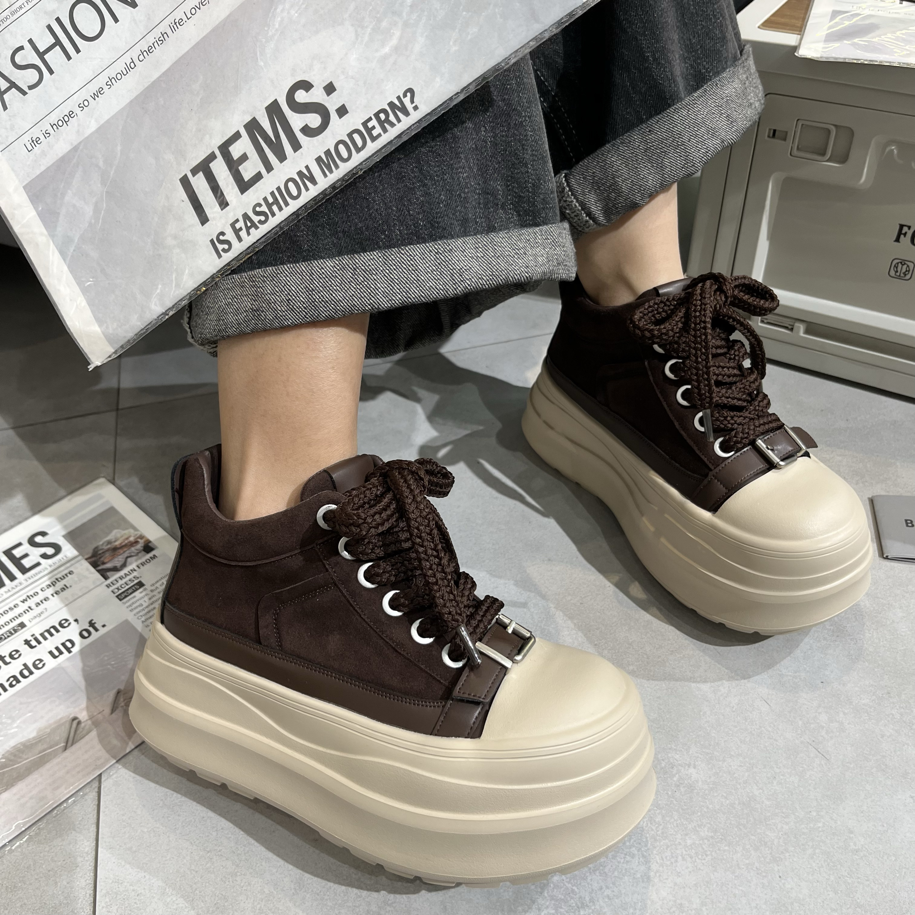 【小涵家】秋季新款欧洲站小众复古做旧擦色厚底【7cm】面包休闲鞋ins
