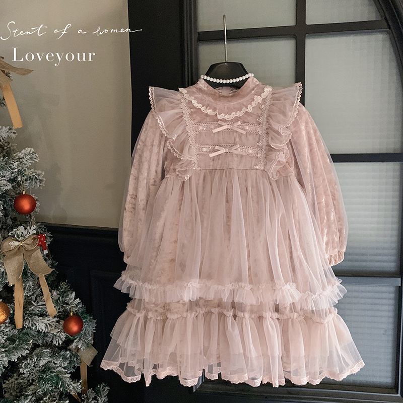 【本妈】25秋冬"雾之花"女童袖子加厚+加绒网纱丝绒连衣裙L5703