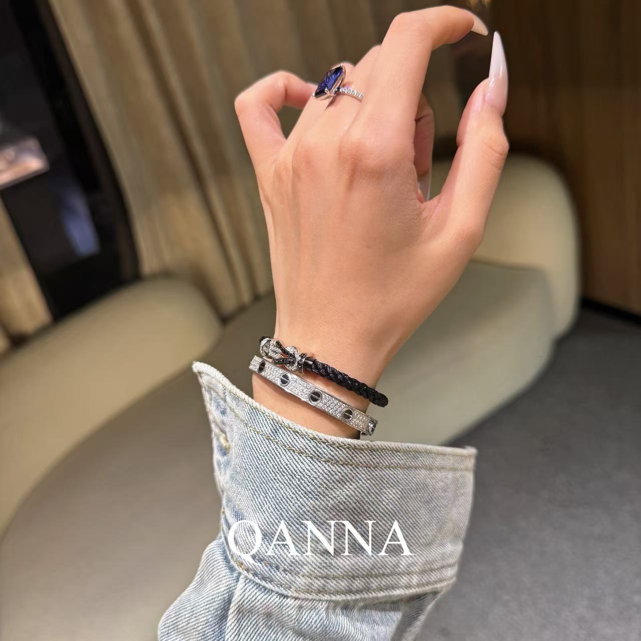 QANNA【满钻大号8字扣】【黑白钻】潮流欧美风情侣同款钻石手链手绳AY