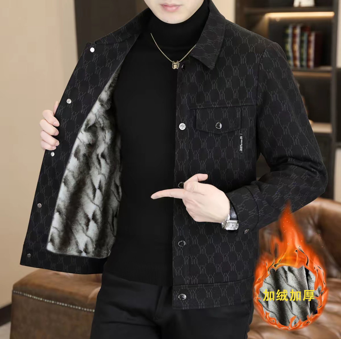 新款时尚男士休闲夹克潮流百搭修身加绒加厚外套男中青年翻领上衣
