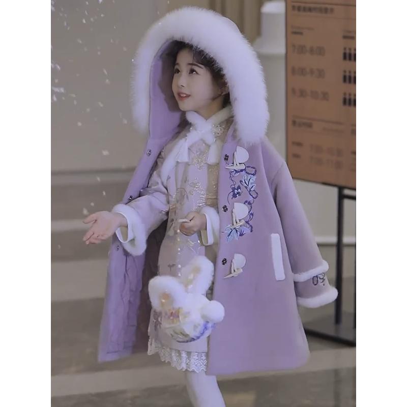 女童夹棉外套秋冬装2024新款儿童中国风过年服女孩加厚呢大衣洋气