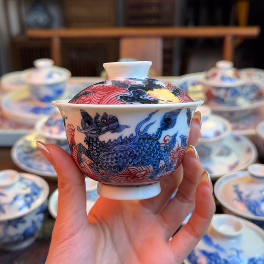 杯风*止重工青花釉里红麒麟踏浪盖碗加杯子纯手绘