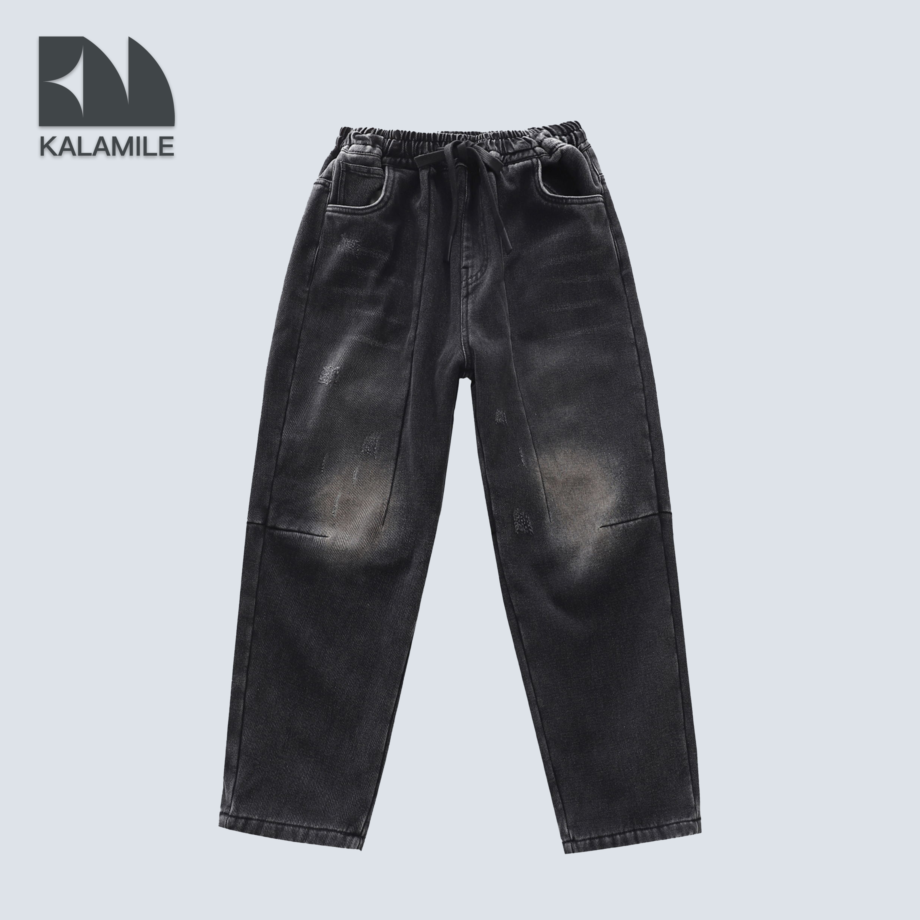 KAKAMILE【纵贯线牛仔】儿童冬季休闲保暖抽绳加绒牛仔裤7007