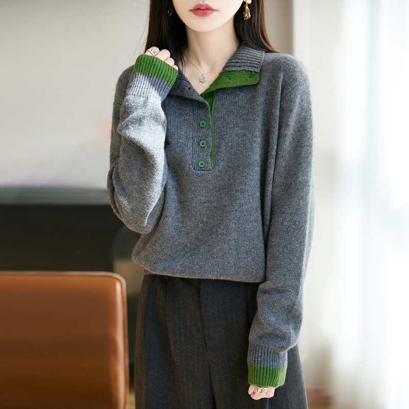 2025女冬季加厚撞色立领针织衫新款宽松假两件上衣