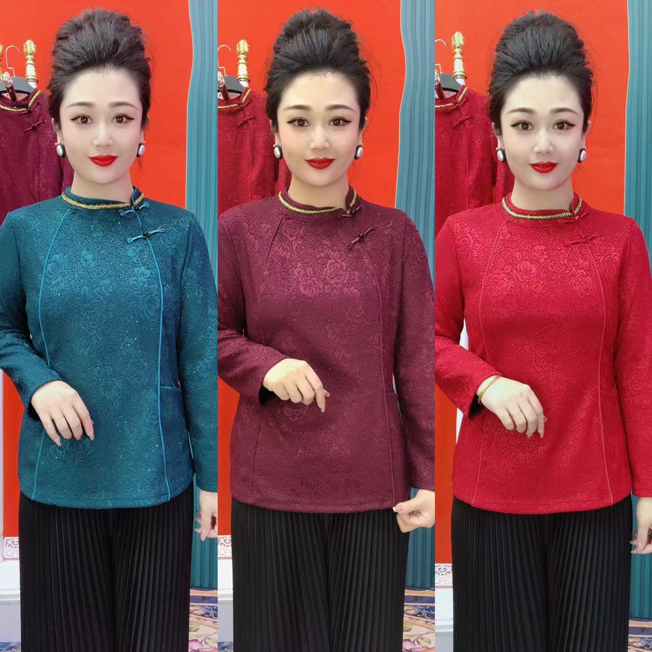 新中式国风盘扣早春细闪改良旗袍民族风宽松遮肉洋气小衫1815#