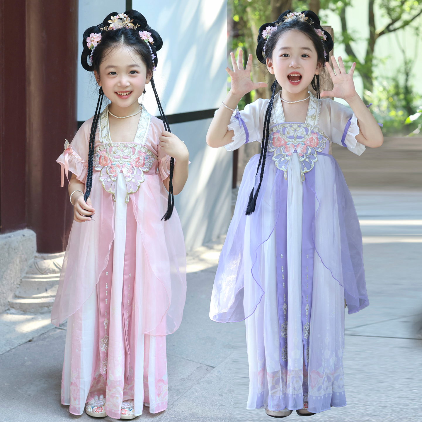 夏秋新款女童重工刺绣中国风紫色粉色汉服儿童襦裙唐装公主连衣裙