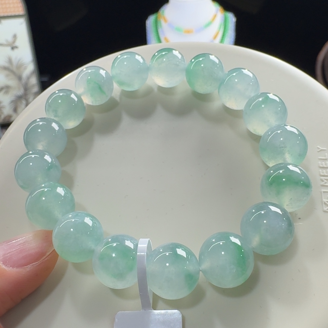 翡翠未镶嵌手链果冻木纳白冰飘绿花单圈12mm