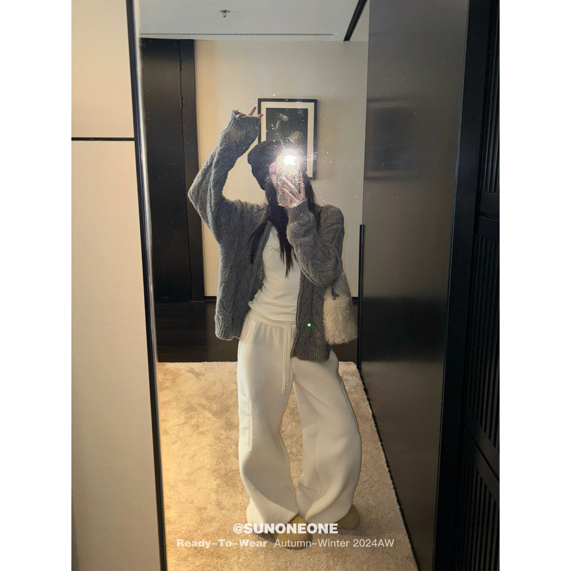 SUNONEONE 直筒休闲裤女秋季新款白色宽松慵懒显瘦加厚卫裤H0711K