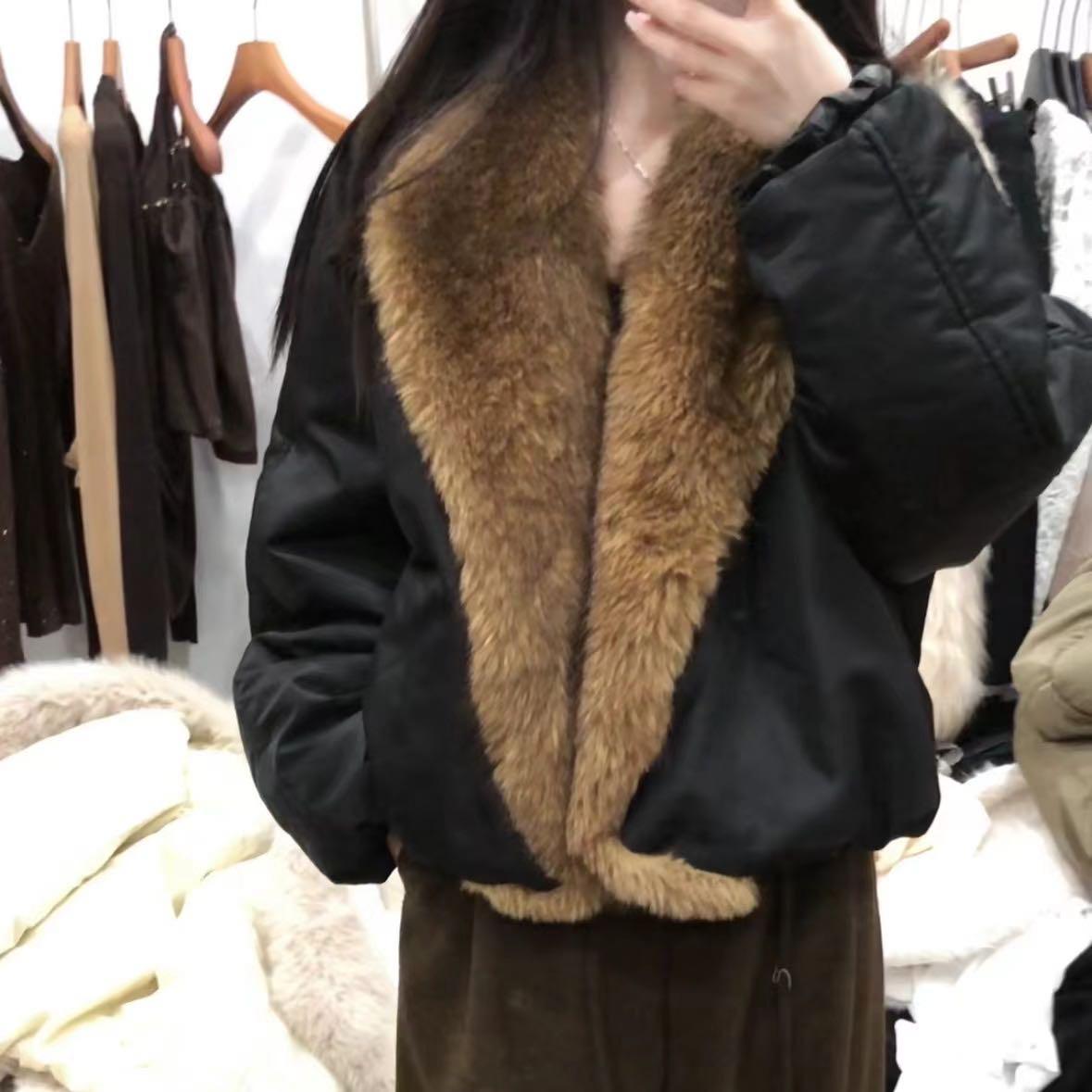 459 冬季复古撞色环保皮草上衣加棉夹棉夹克外套女棉服