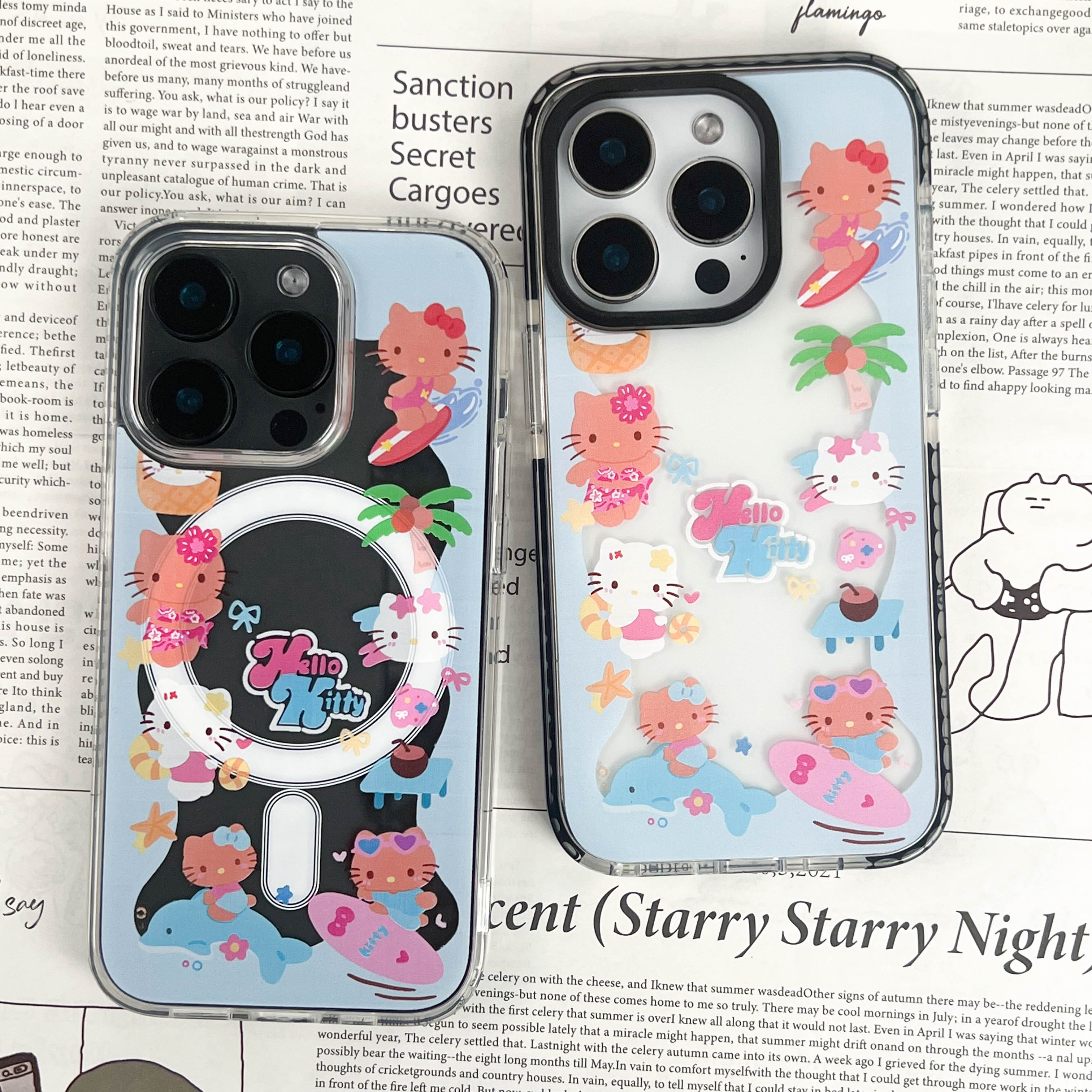 环绕黑皮kitty冲浪透明磁吸防摔13/14/15/16promax适用苹果手机壳