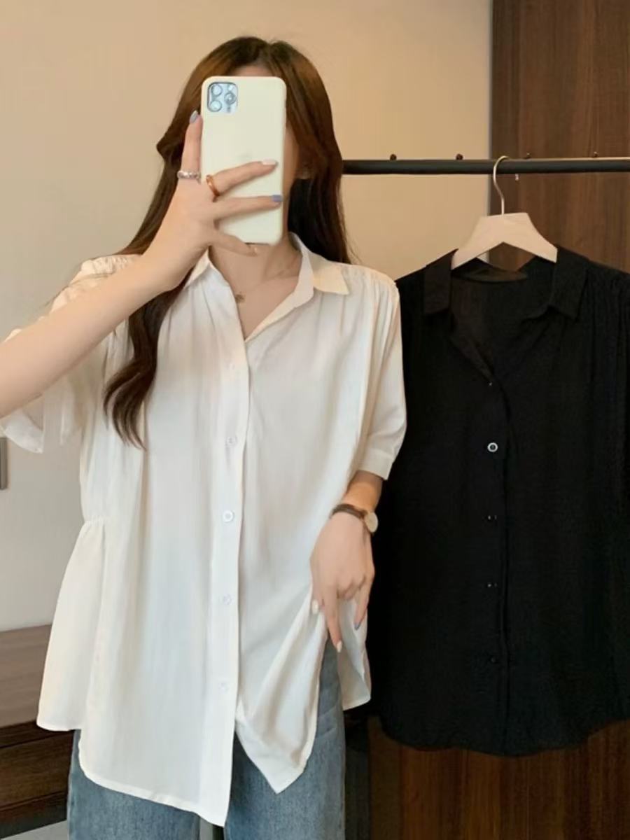 2458新款大码女装法式短袖衬衫显瘦遮肚子设计感上衣