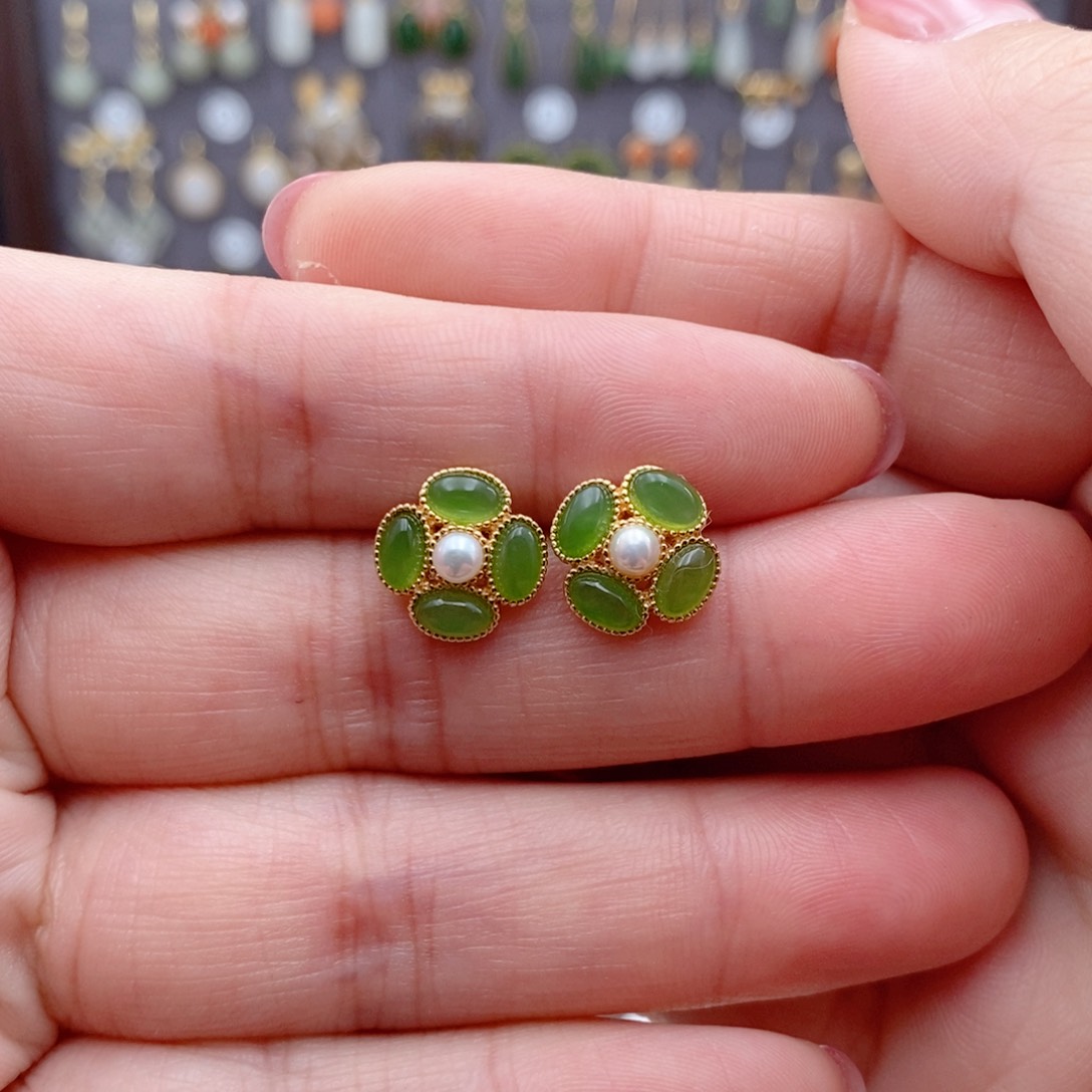 银S925镶嵌和田玉耳饰