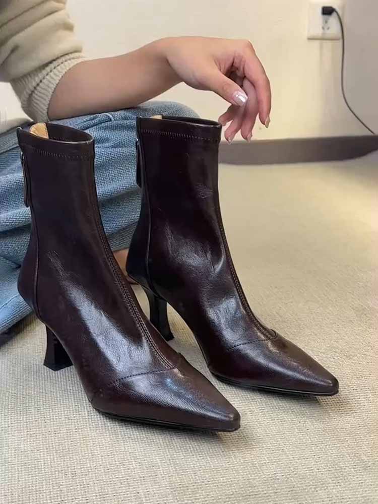 羊皮~高跟尖头短靴法式细跟弹力靴女百搭软皮拉链真皮瘦瘦靴」