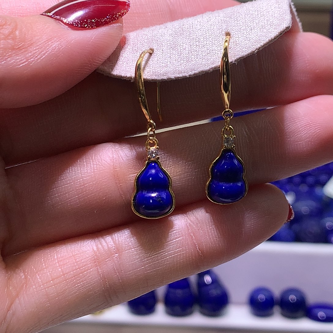 苓***作青金石合金天然原矿耳环