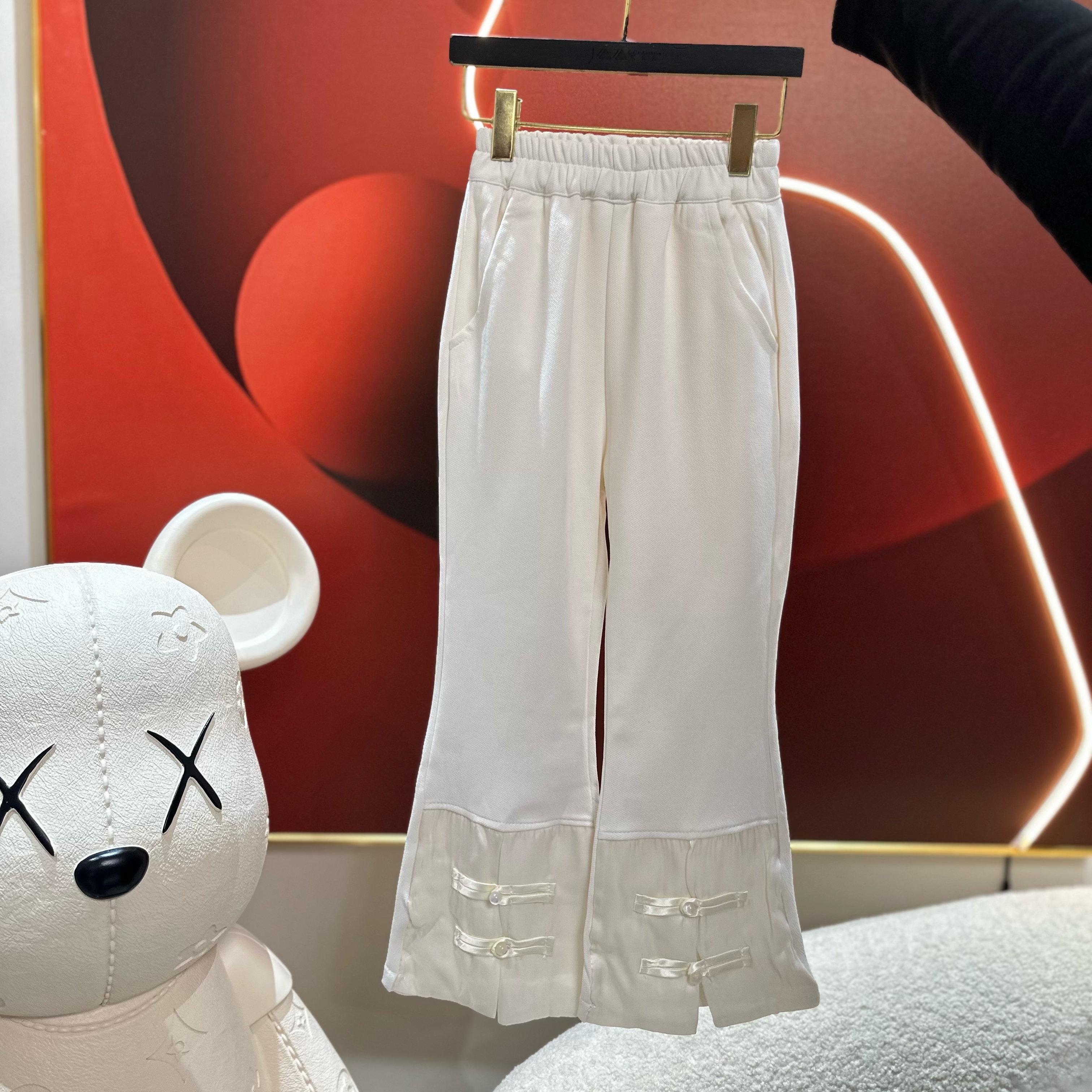 夏单品-白色盘扣裤F184国风盘扣微喇裤中大童春季新款开叉长裤