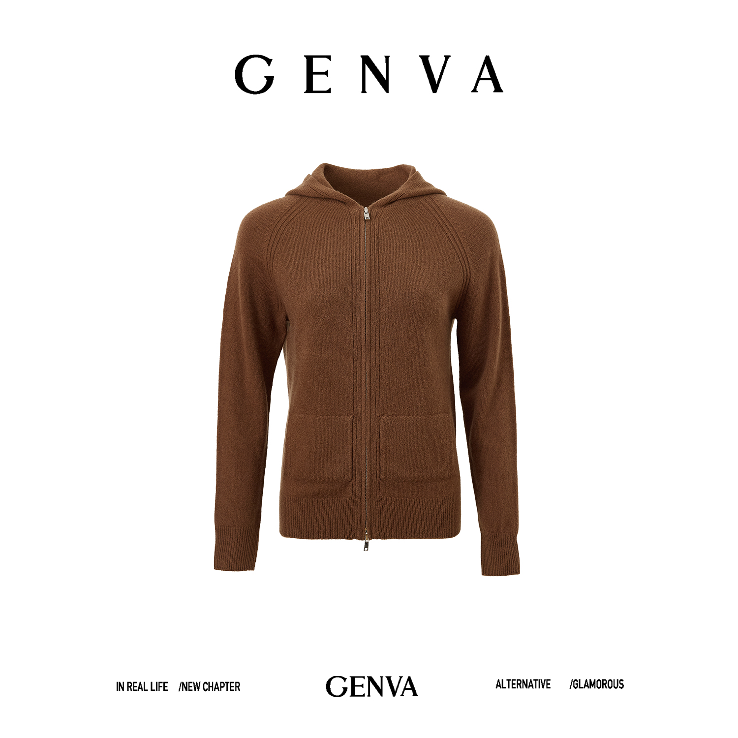 玖着“米兰衫”百分百绵羊毛无缝一体软糯佰搭帽兜针织拉链开衫