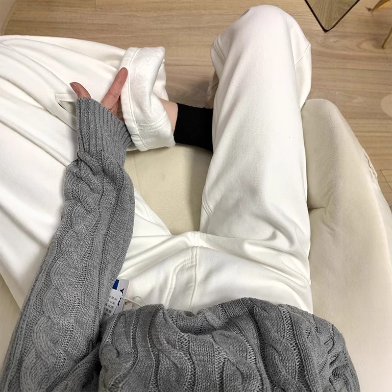 白色窄版阔腿牛仔裤女2025秋冬加绒高腰宽松显瘦百搭小个子直筒裤