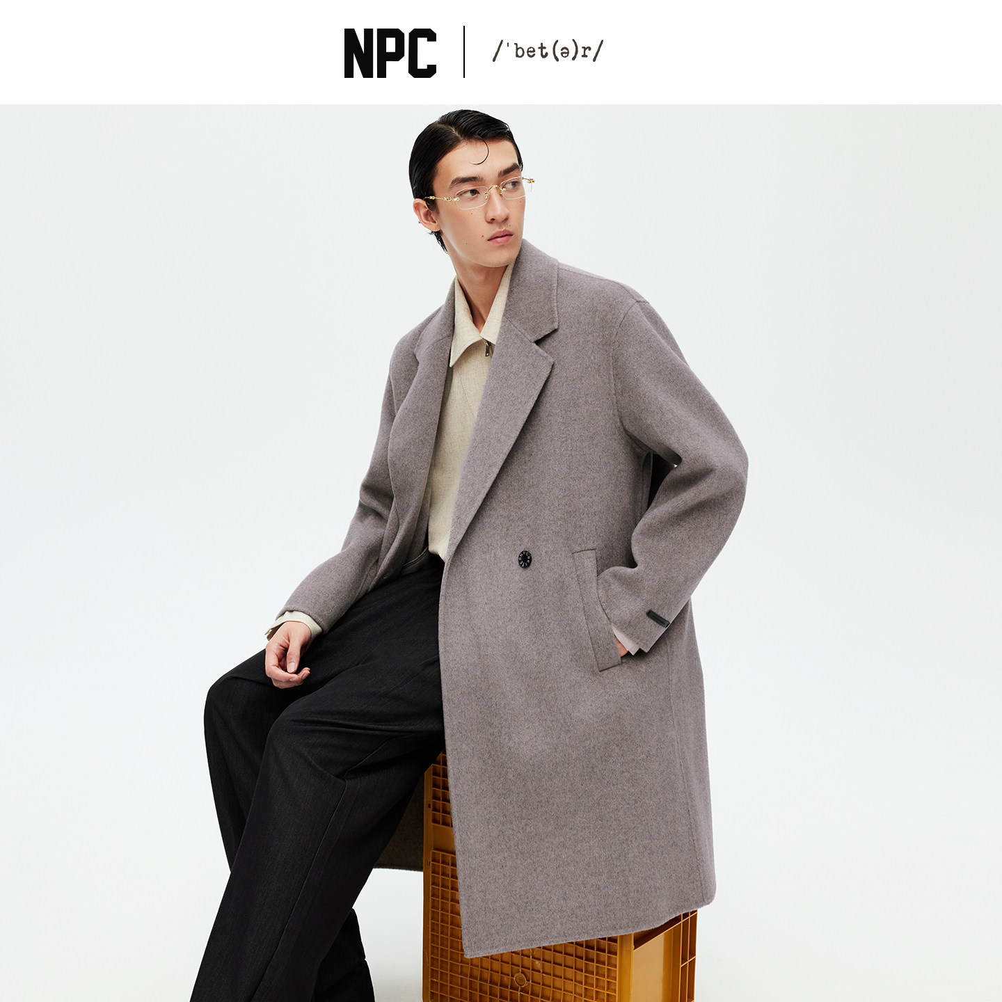 NPC潮牌100%绵羊毛平驳领毛呢长款大衣双排扣男冬上新NP58WC34&35