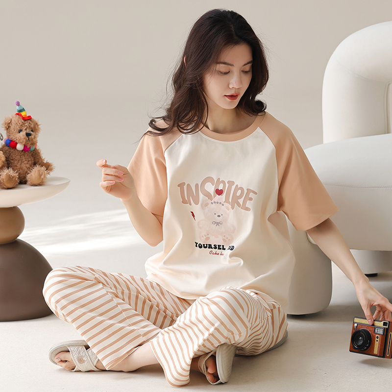 睡衣女2025夏天短袖长裤夏季休闲宽松加大码可外穿女士家居服套装