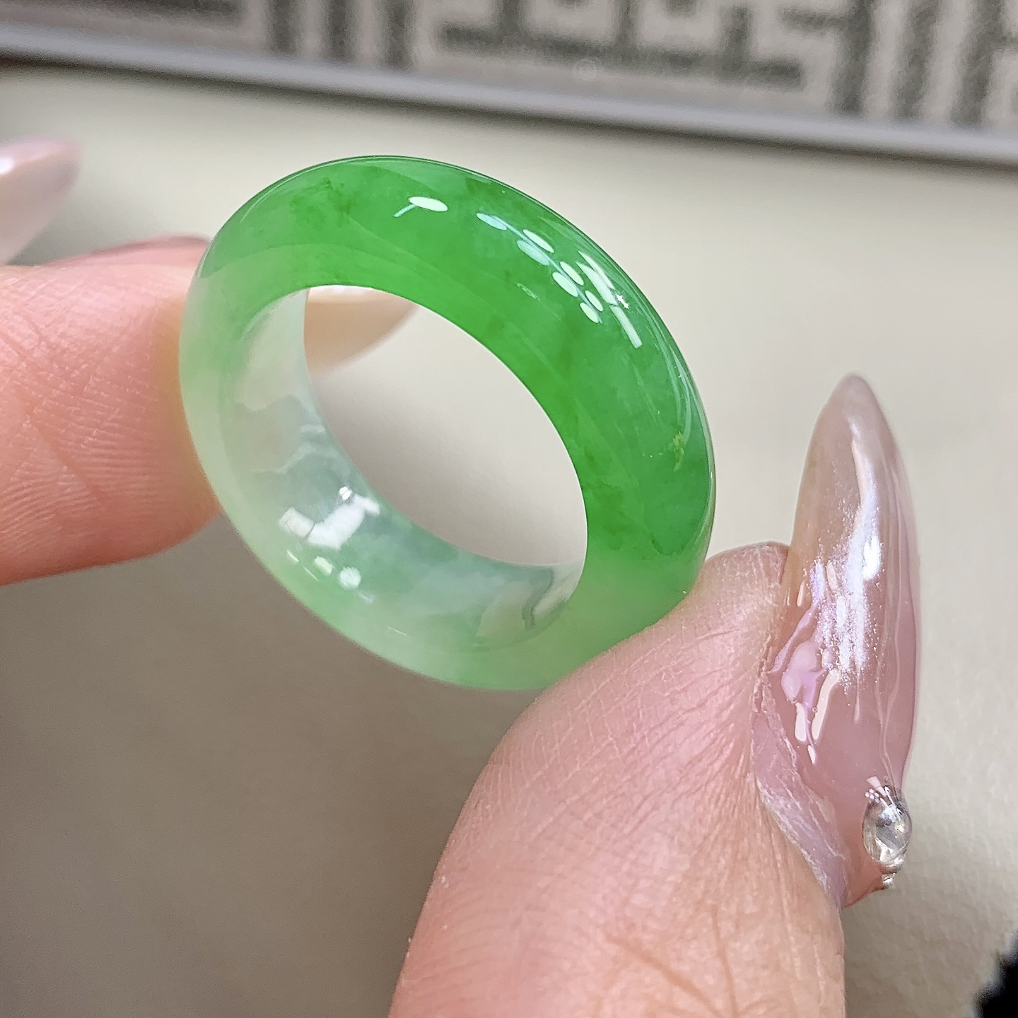 14号15号毕业收藏级冰阳绿缅甸翡翠戒圈戒指 尺寸17.1-6.6-4.2mm