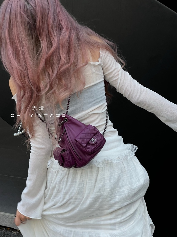 95新 Chanel/香奈儿 4558 紫色青蛙包双肩包mini12-13