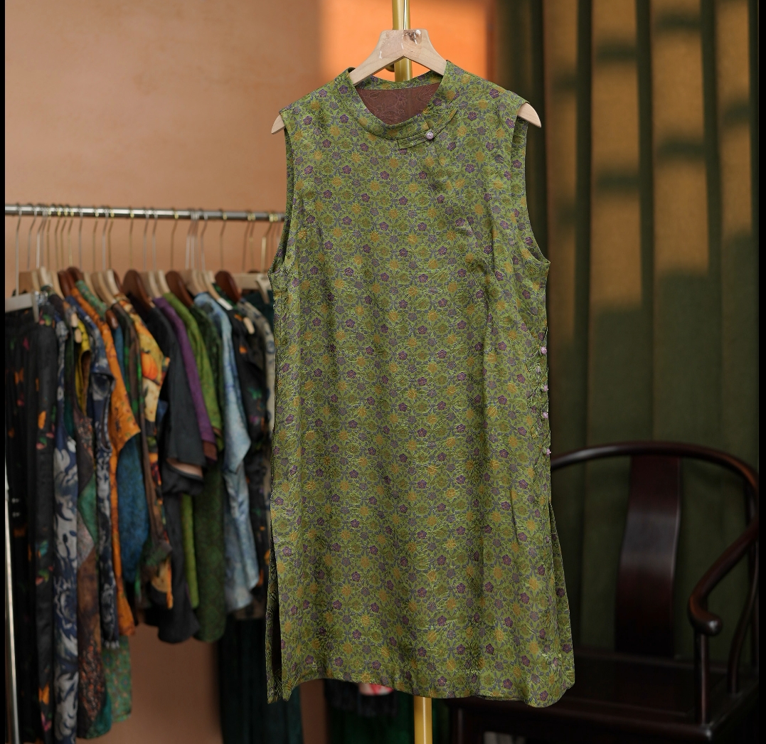 {雏菊}新中式无袖中长款薄款奥黛上衣女装女士气质花色碎花绿色