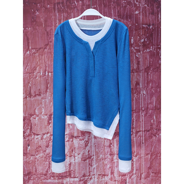 【程二女装】夏季小众设计师宝石蓝撞色拼接不规则下摆爽肤衣8653