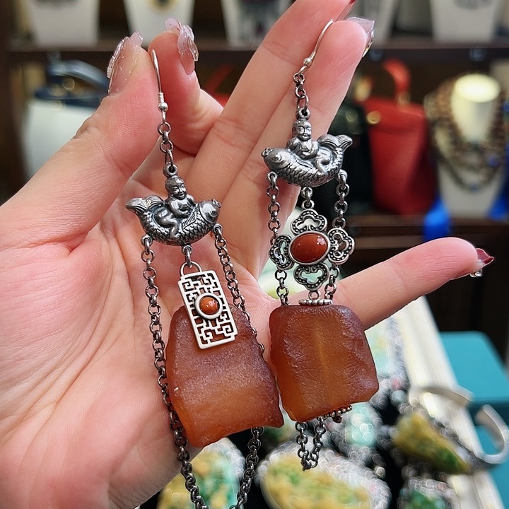 琥珀耳饰银S925镶嵌耳环