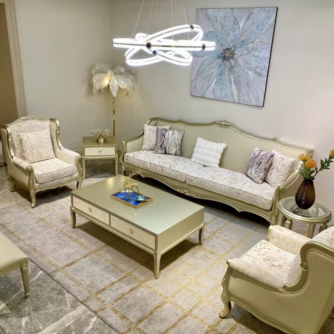 美式轻奢维多利亚沙发雕刻实木沙发中式成套法式皮艺沙发椅贵妃椅