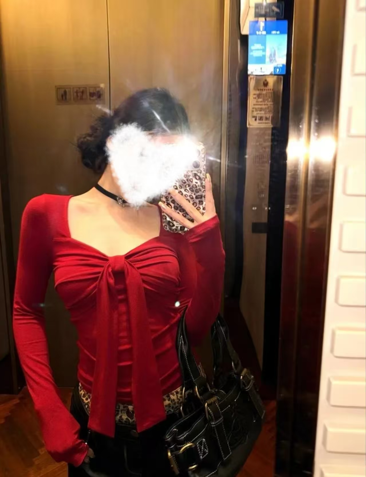 Moses Queen/魔西女王圣诞穿搭红色蝴蝶结长袖T恤秋冬纯欲打底衫