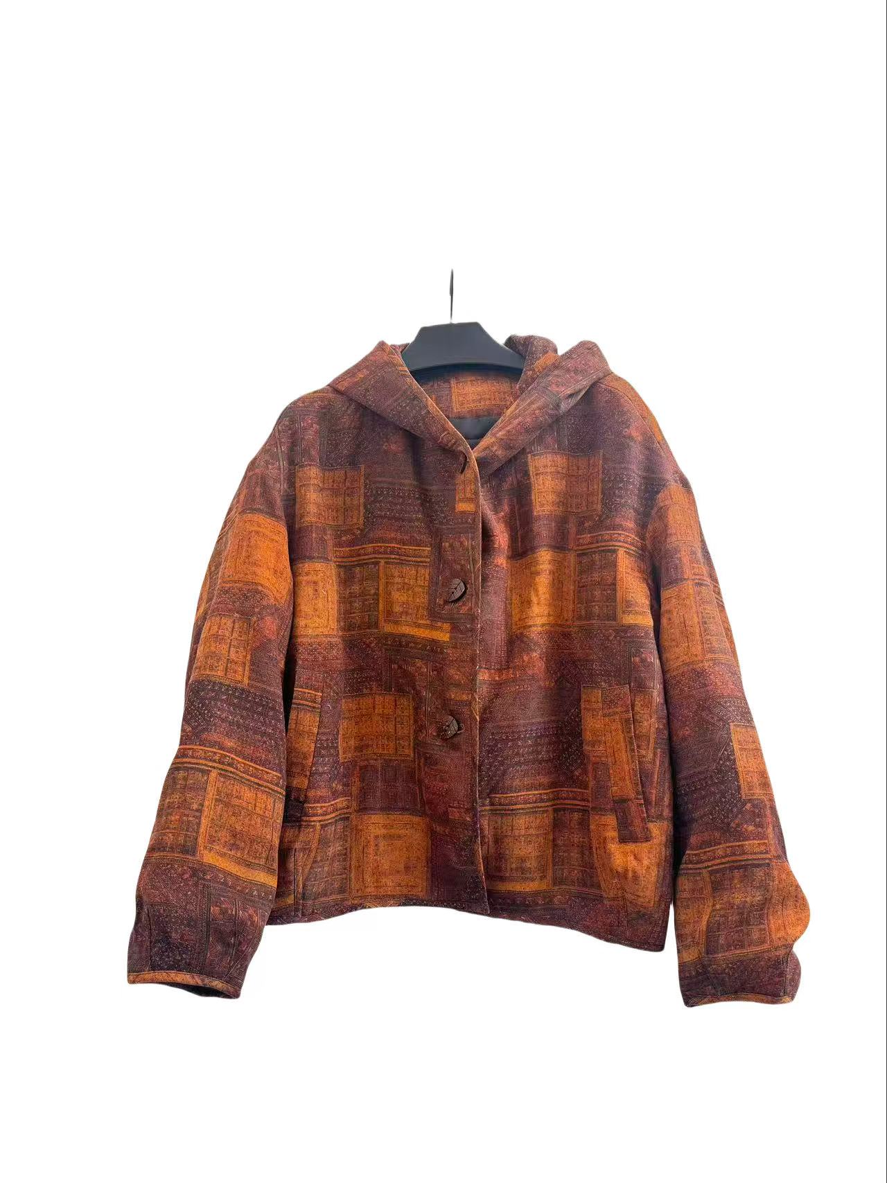 【橙思锦】100%柞蚕丝填充帽款香云纱棉服25110