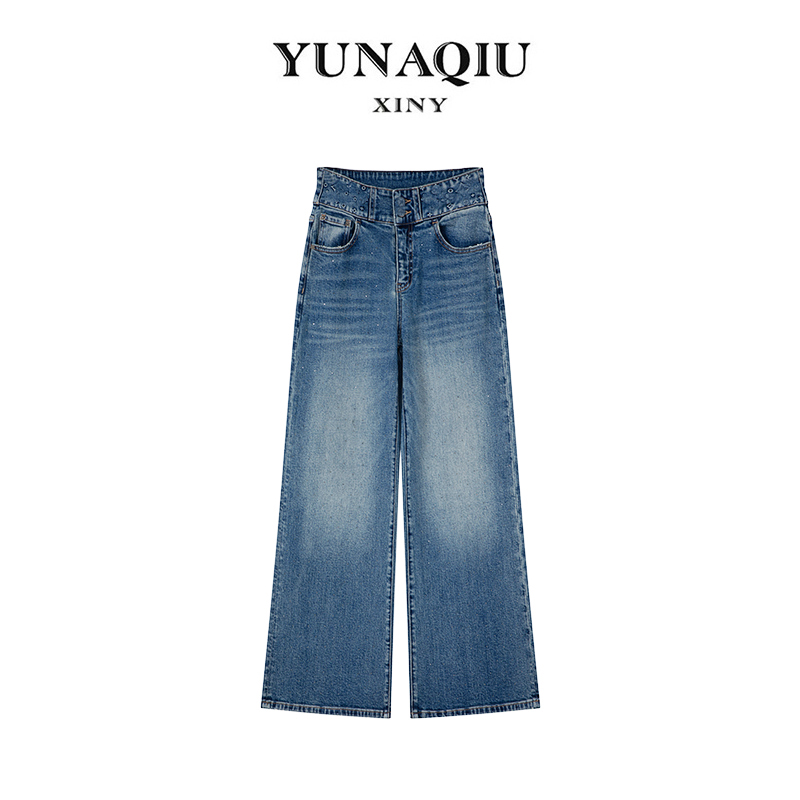 YUNAQIU秋季新款女士高腰遮肉显瘦百搭软糯烫钻牛仔阔腿裤-5222
