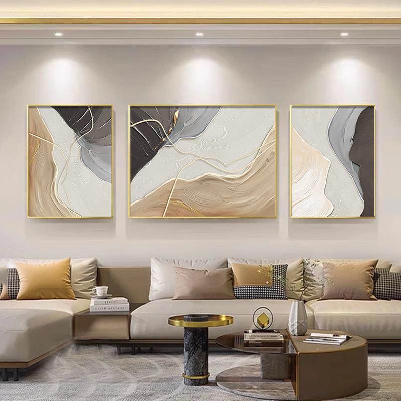 简约客厅装饰画抽象线条沙发背景墙挂画高级肌理感三联壁画