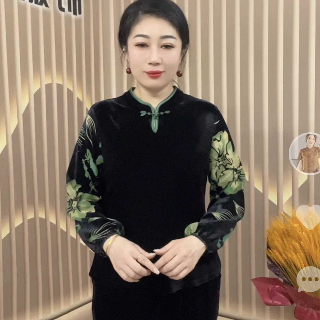 洋气旗袍领拼接小花袖妈妈装上衣