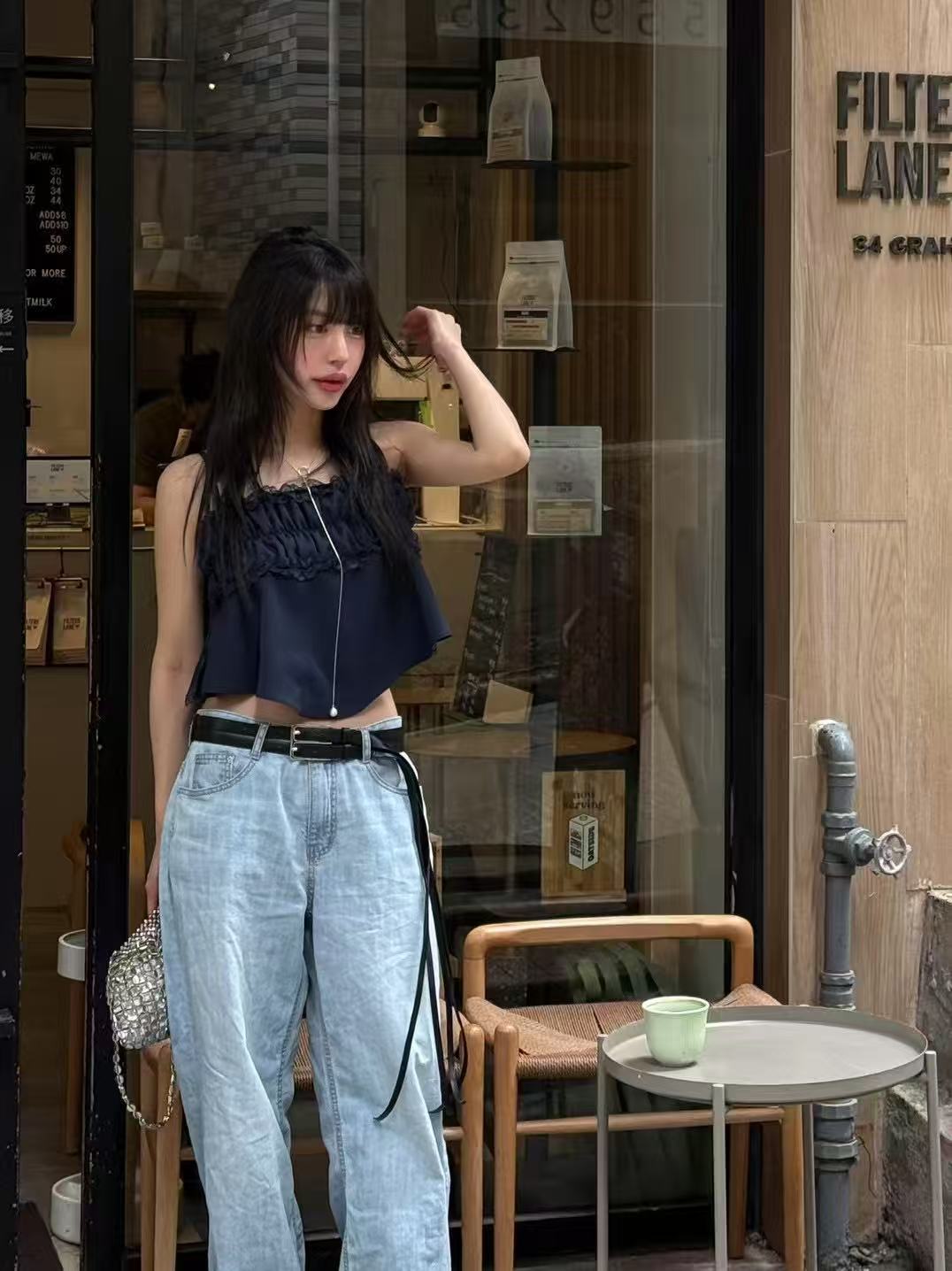 韩国东大门正品女装时尚褶皱蕾丝拼接背心吊带042917（NO退NO换）