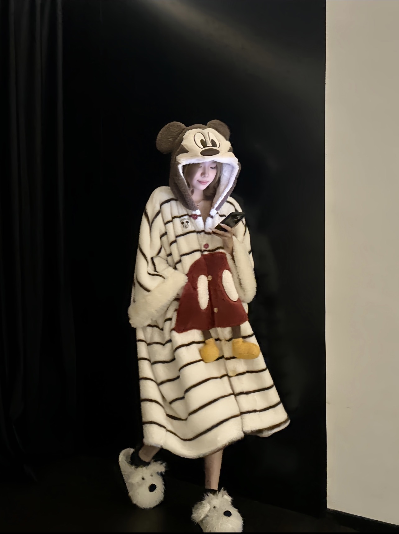 【条纹米奇】冬款睡袍带袖子毛绒睡衣加厚睡衣可外穿甜美可爱宽松