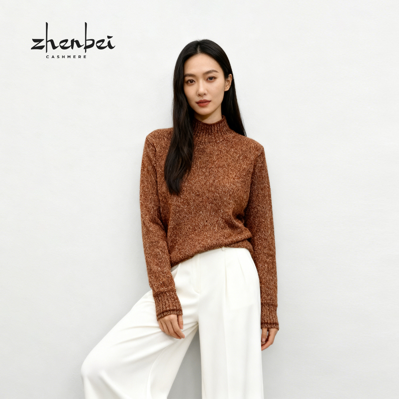 ZB/珍贝秋冬气质时尚圆领甜椒红橙花纱羊绒女套衫/H91130