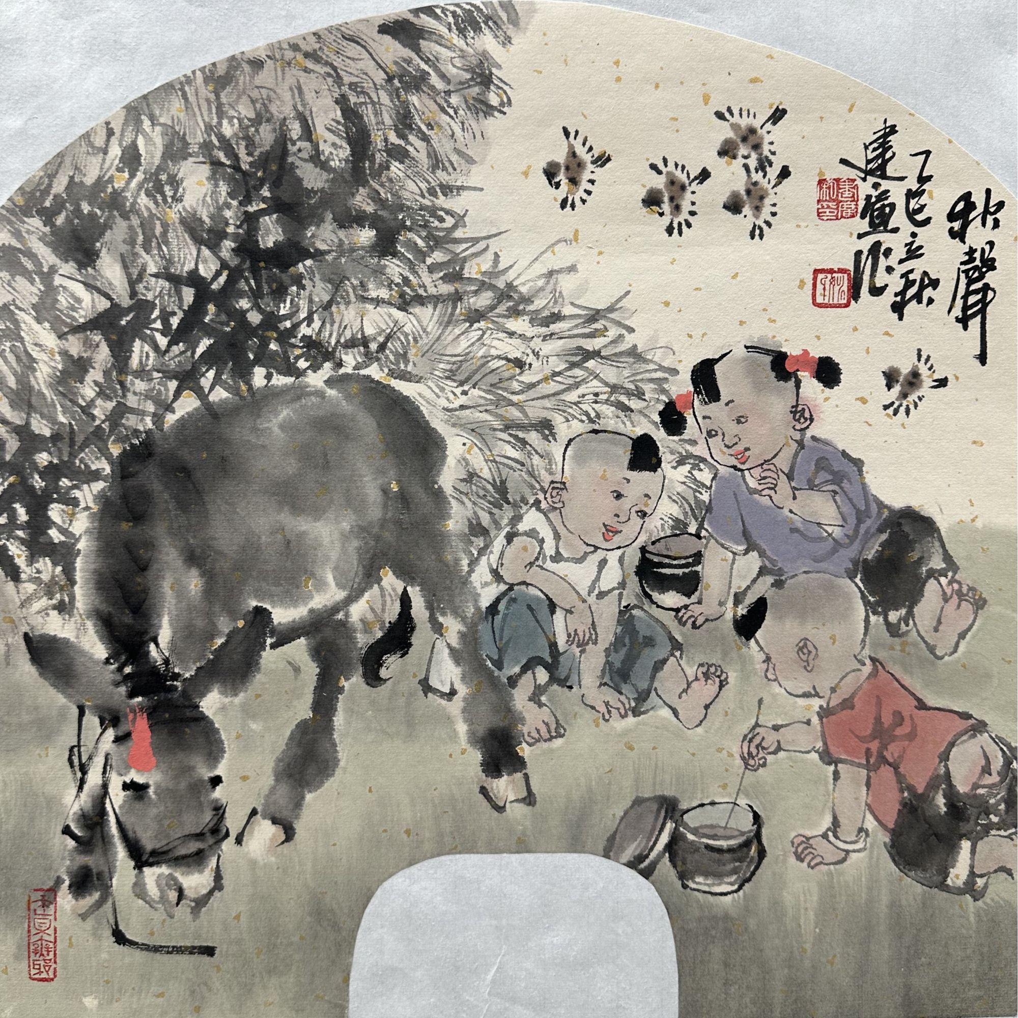 姚建广作品，童子《秋声》，尺寸：34*34，带合影